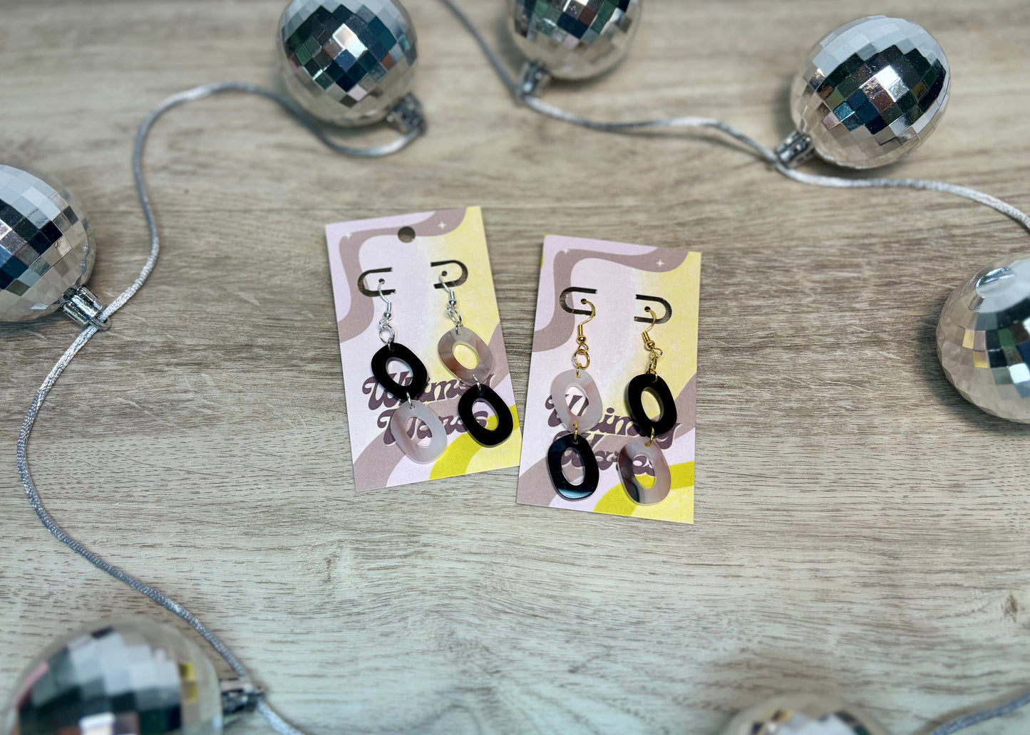 Black & “Garnet Quartz” Double Dangles - Acrylic Earrings