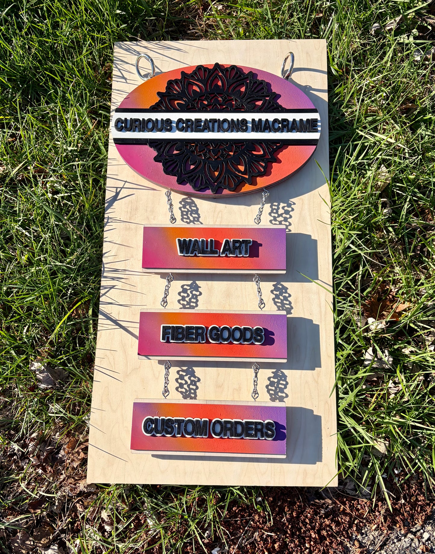 “Curious Creations Macrame” Custom Hanging Sign - Vendor Sign