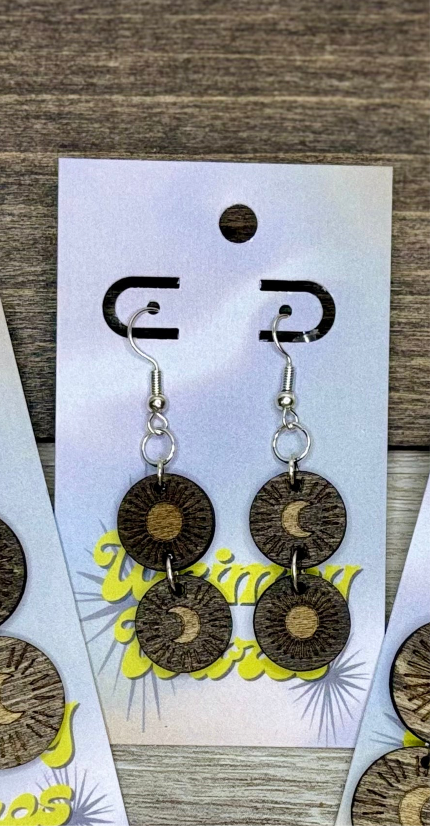 Engraved Sun & Moon - Natural Wood Earrings