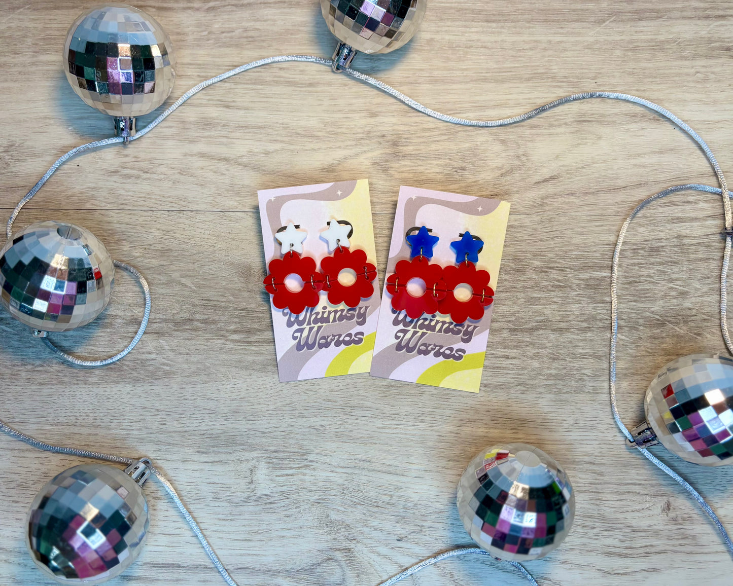Red Flower & Star Drop Dangles - Acrylic Earrings