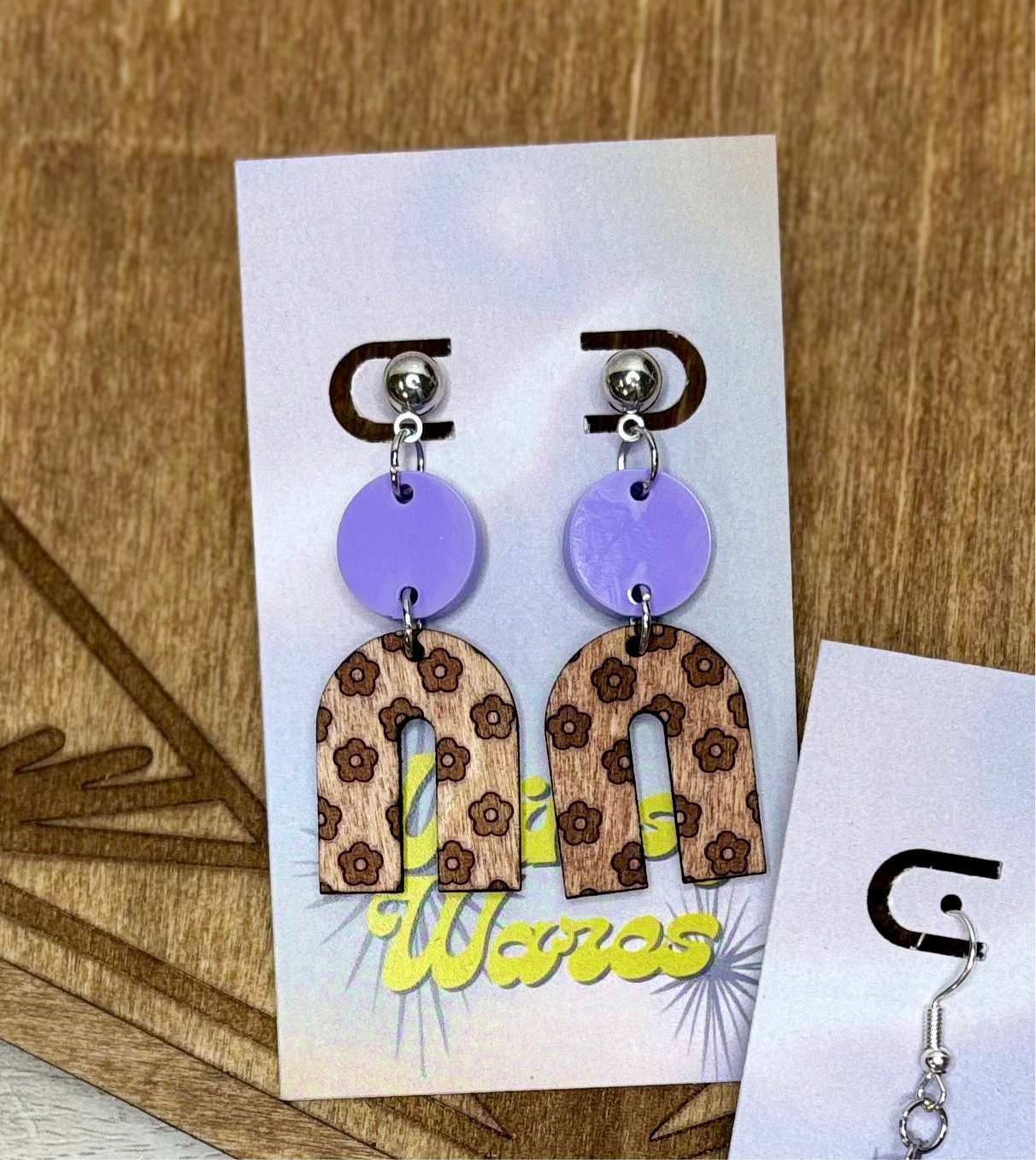 Engraved Flower Arch & Lilac Double Dangles - Natural Wood & Acrylic Earrings