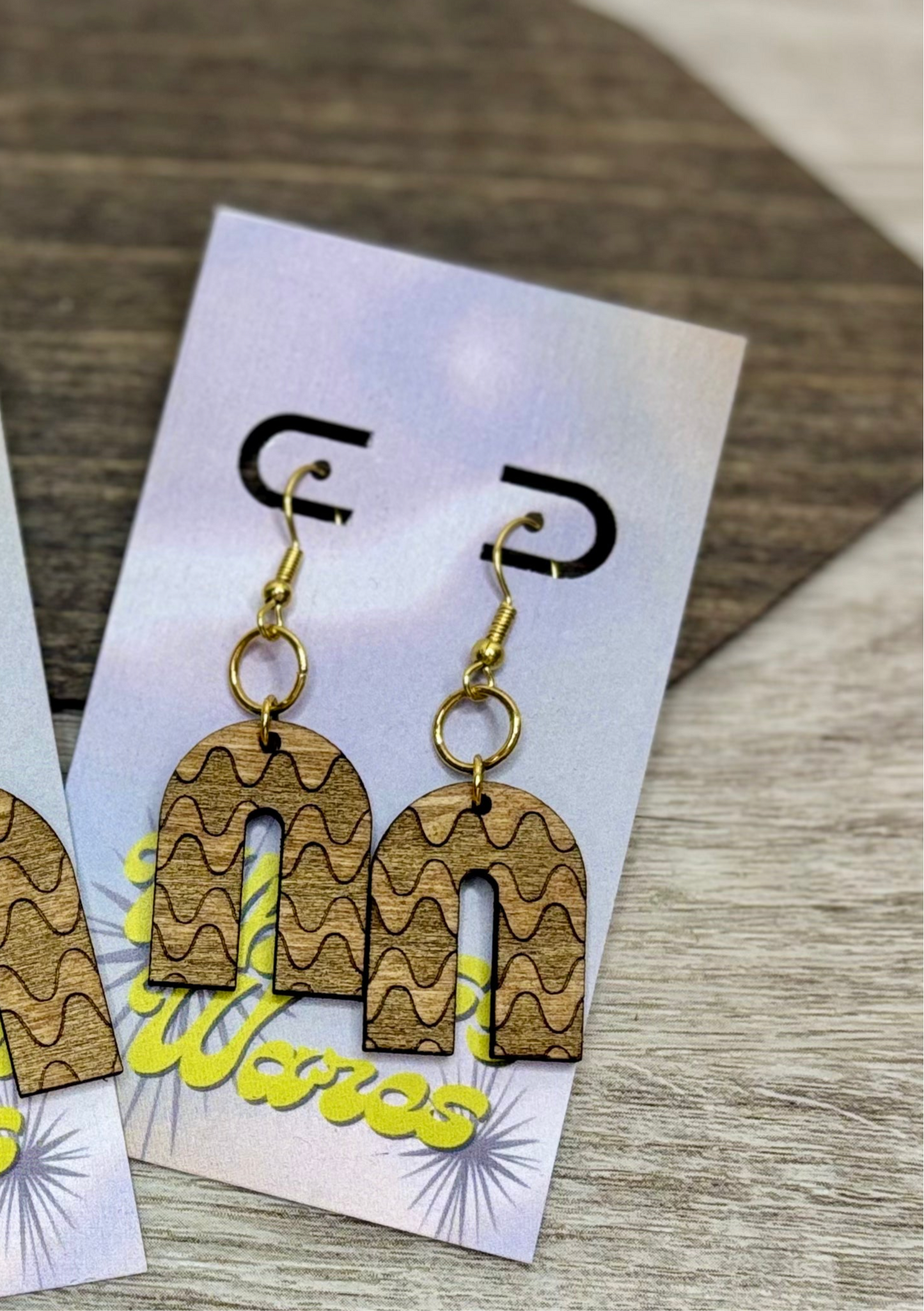 Engraved Funky Squiggles - Natural Wood Earrings