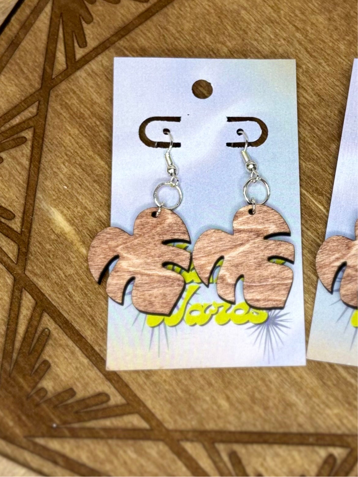 Monstera Leaf Dangles - Natural Wood Earrings