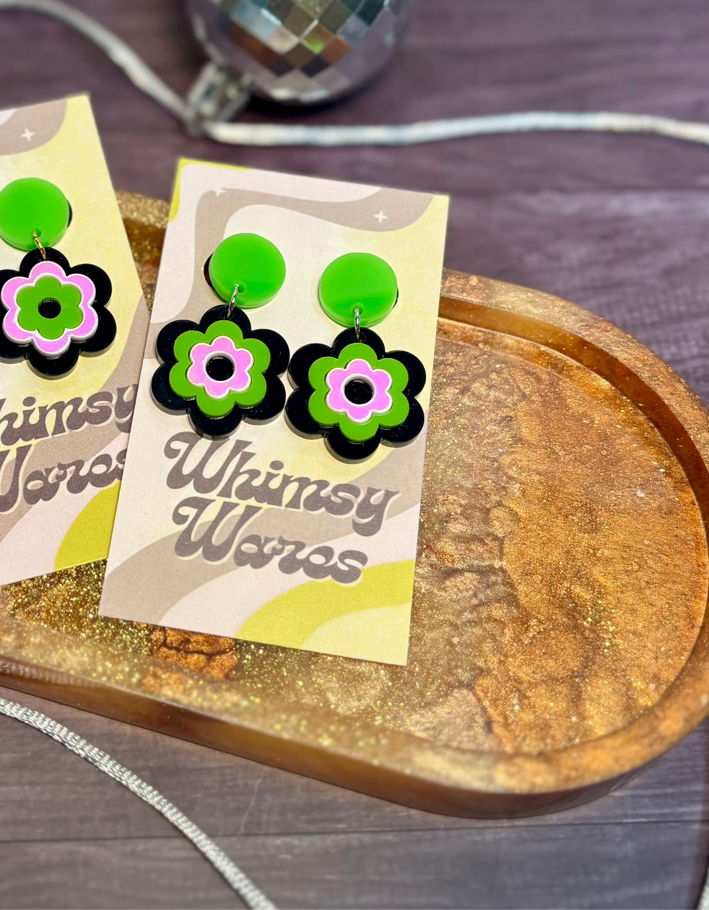 Green & Black - Flower Power Drop Dangles - Acrylic Earrings