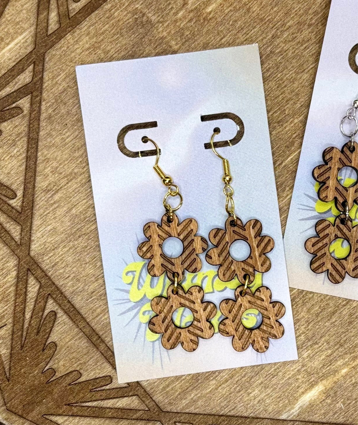 Herringbone Engraved Flower Double Dangles - Natural Wood Earrings