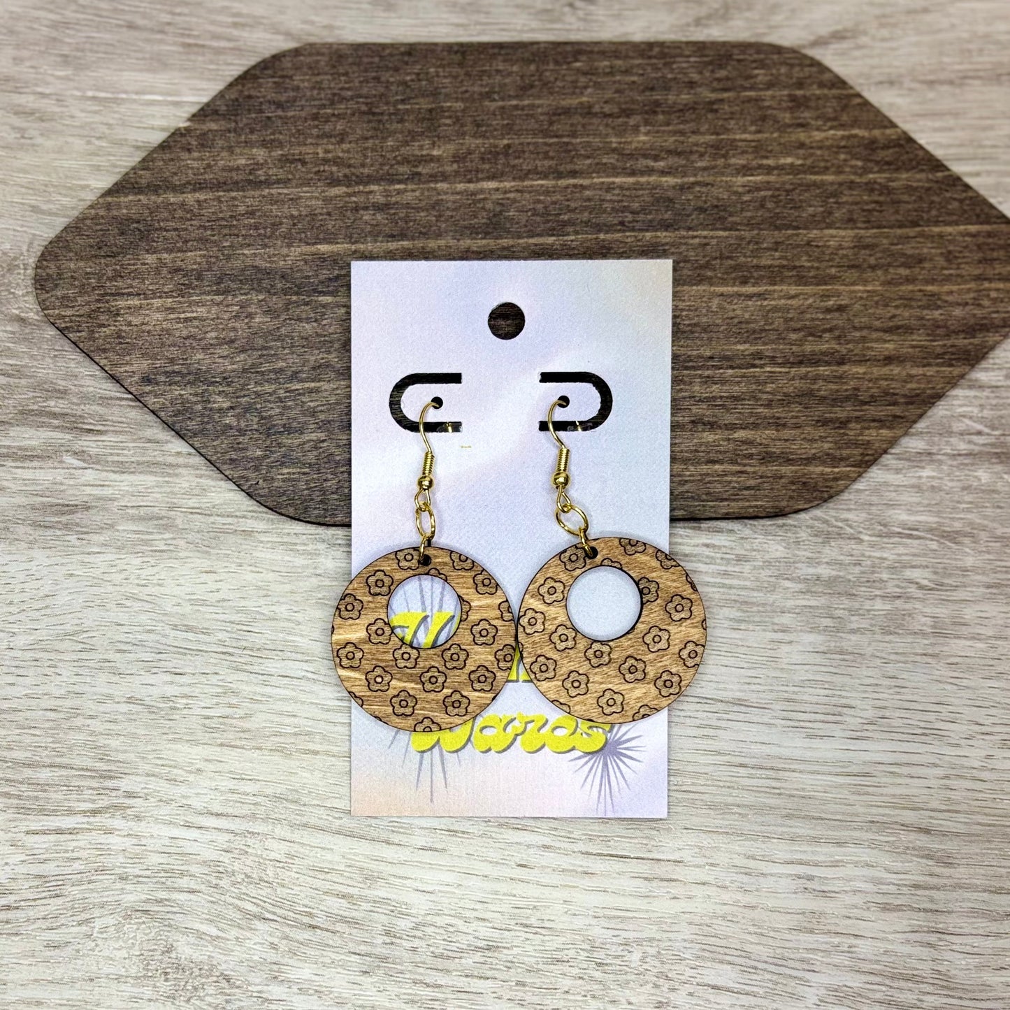 Engraved Flower Funky Open Circles - Natural Wood Earrings