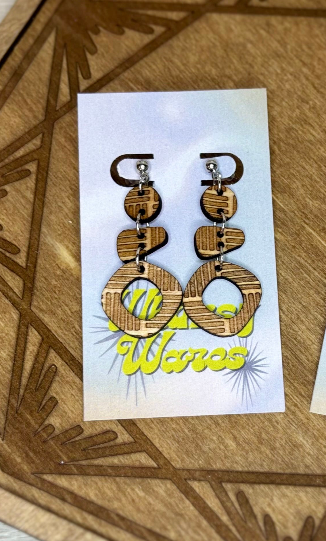 Engraved Chunky Lines Triple Dangles - Natural Wood Earrings