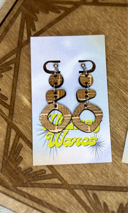 Engraved Chunky Lines Triple Dangles - Natural Wood Earrings