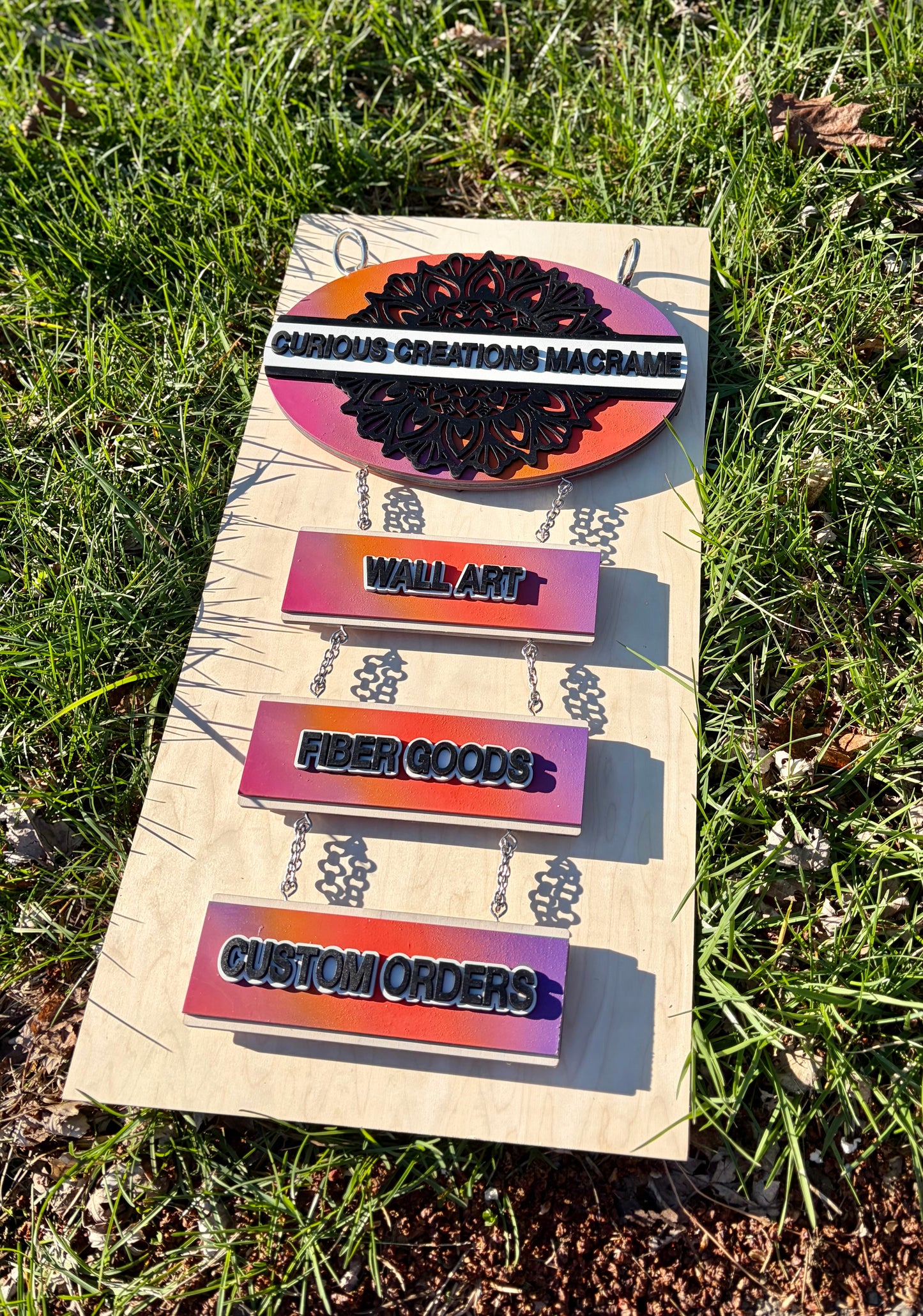“Curious Creations Macrame” Custom Hanging Sign - Vendor Sign