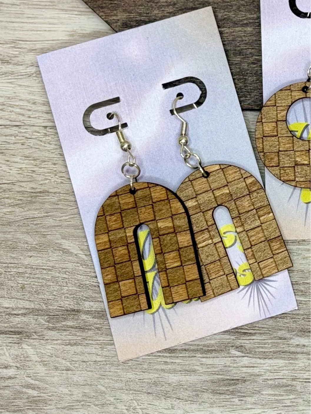 Engraved Checkerz - Natural Wood Earrings