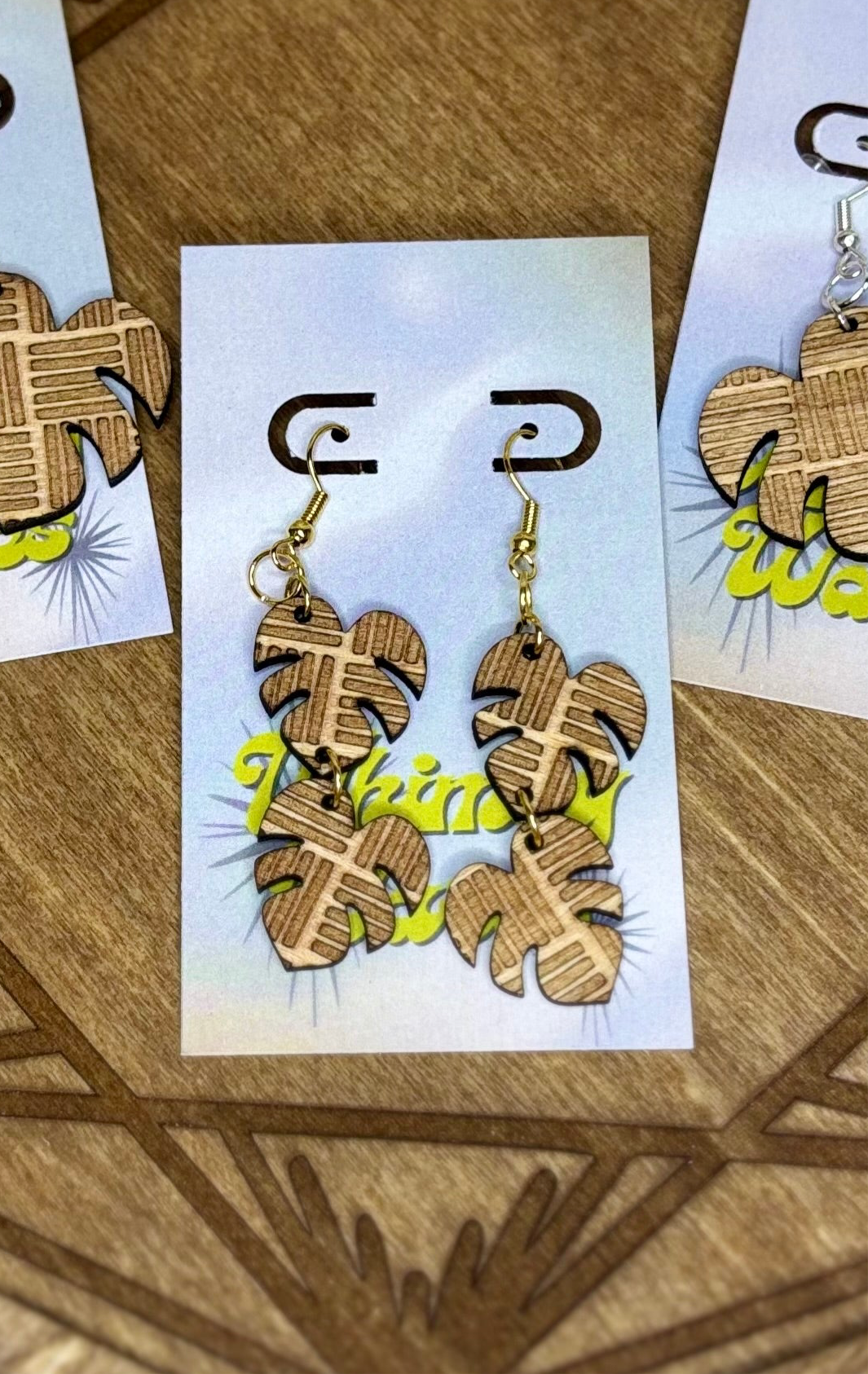 Engraved Chunky Lines Monstera Leaves  - Natural Wood Earrings