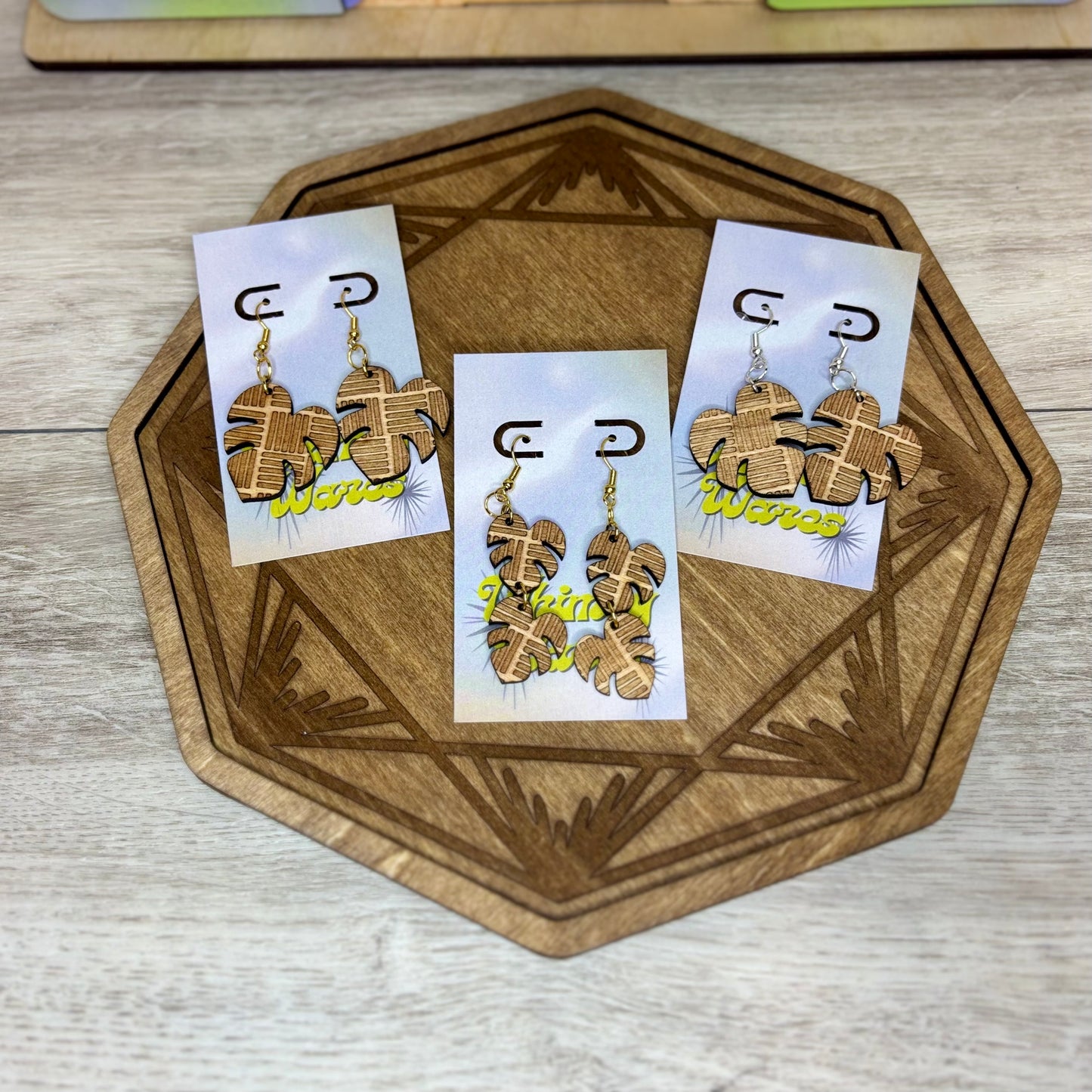 Engraved Chunky Lines Monstera Leaves  - Natural Wood Earrings