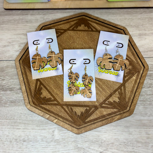 Engraved Chunky Lines Monstera Leaves  - Natural Wood Earrings