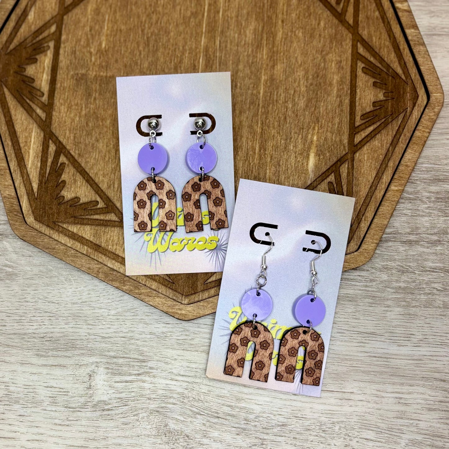 Engraved Flower Arch & Lilac Double Dangles - Natural Wood & Acrylic Earrings