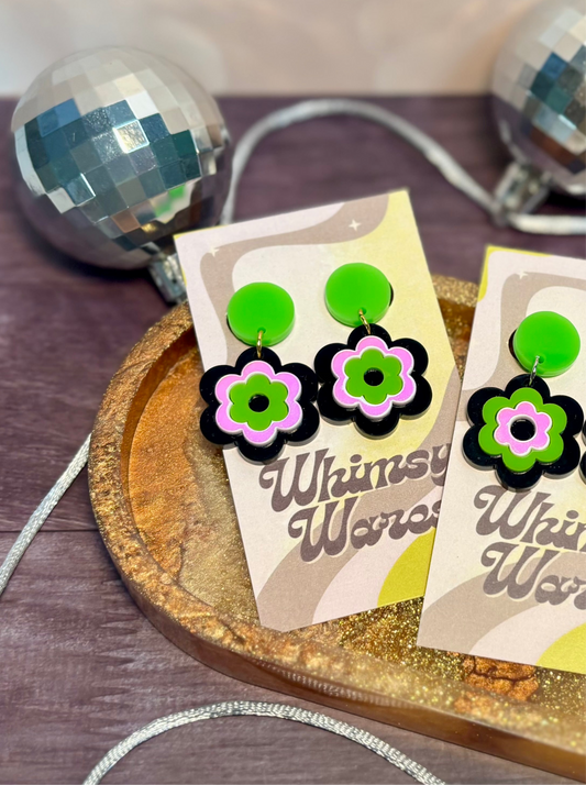 Green & Black - Flower Power Drop Dangles - Acrylic Earrings