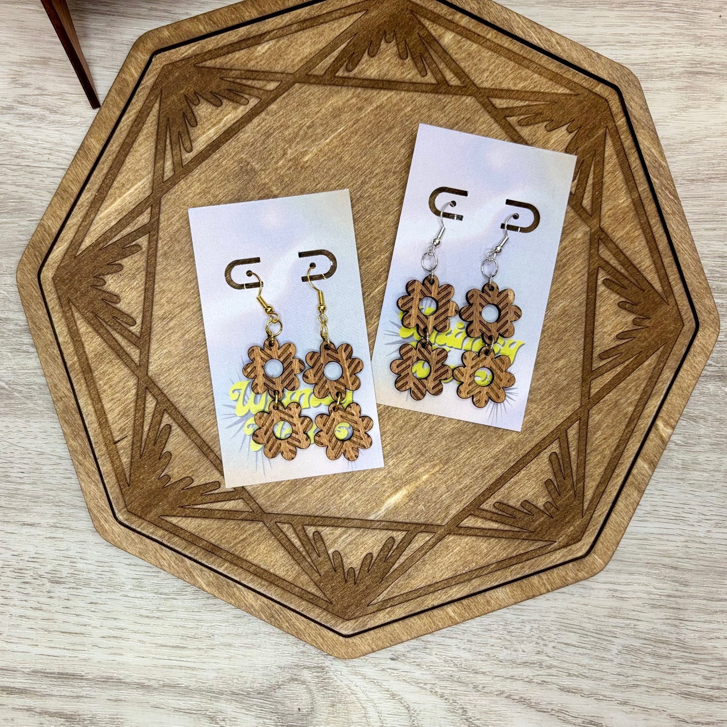Herringbone Engraved Flower Double Dangles - Natural Wood Earrings