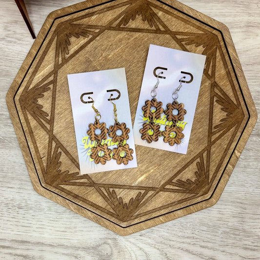 Herringbone Engraved Flower Double Dangles - Natural Wood Earrings