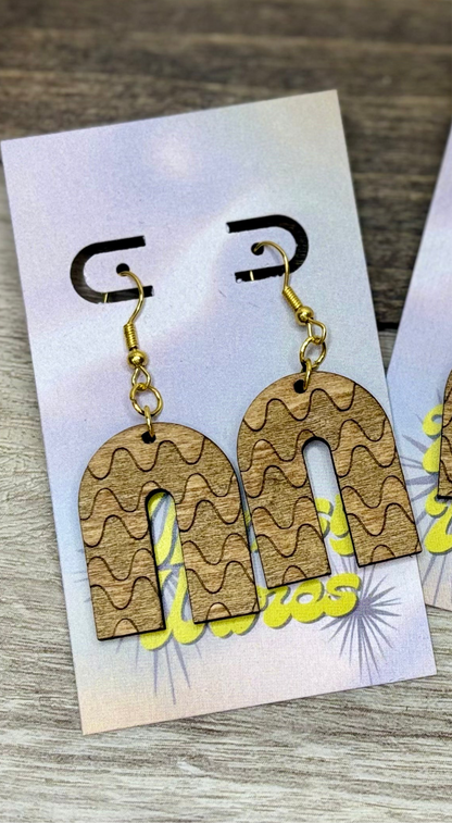 Engraved Funky Squiggles - Natural Wood Earrings