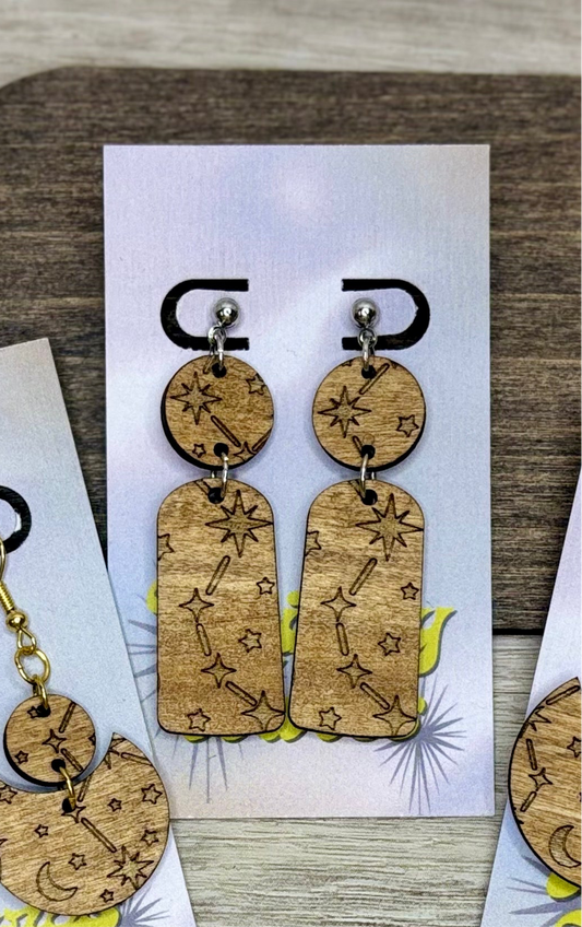 Engraved Constellations - Natural Wood Earrings
