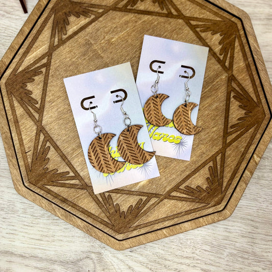Herringbone Engraved Moons - Natural Wood Earrings