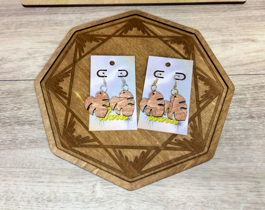 Monstera Leaf Dangles - Natural Wood Earrings