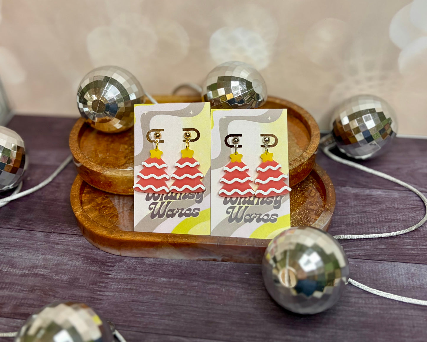 String Light PINK Christmas Tree Dangles - Acrylic Earrings