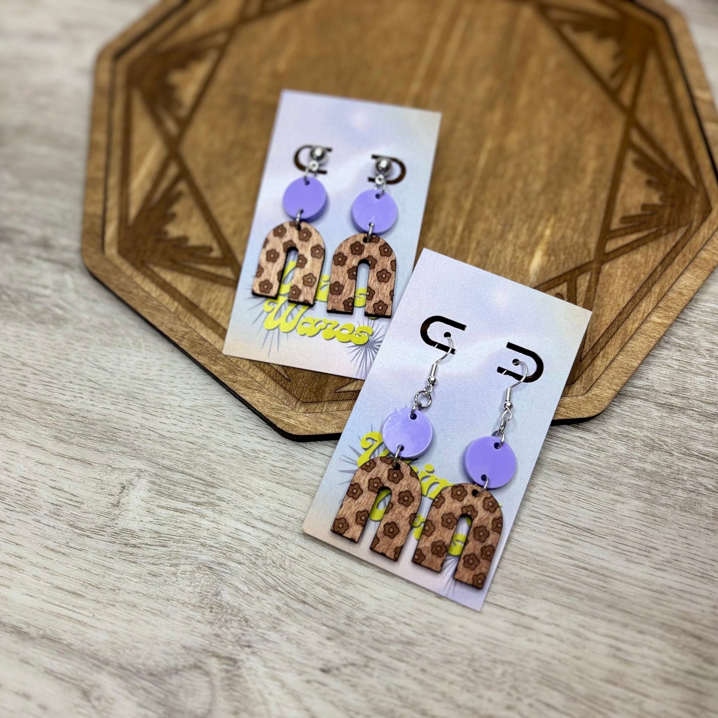 Engraved Flower Arch & Lilac Double Dangles - Natural Wood & Acrylic Earrings