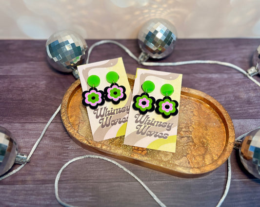 Green & Black - Flower Power Drop Dangles - Acrylic Earrings