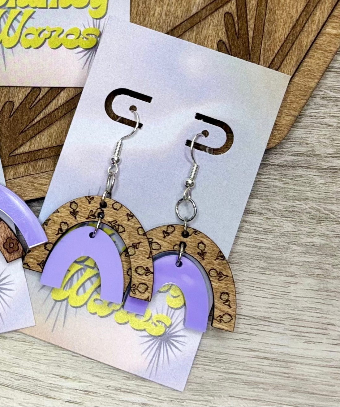 Engraved Flowers & Lilac Double Arch Dangles - Natural Wood & Acrylic Earrings