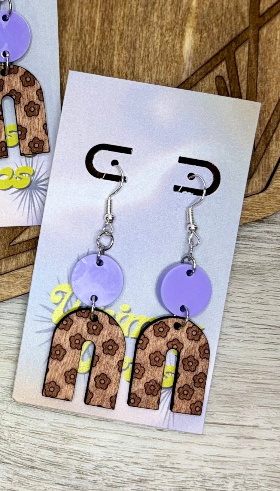 Engraved Flower Arch & Lilac Double Dangles - Natural Wood & Acrylic Earrings