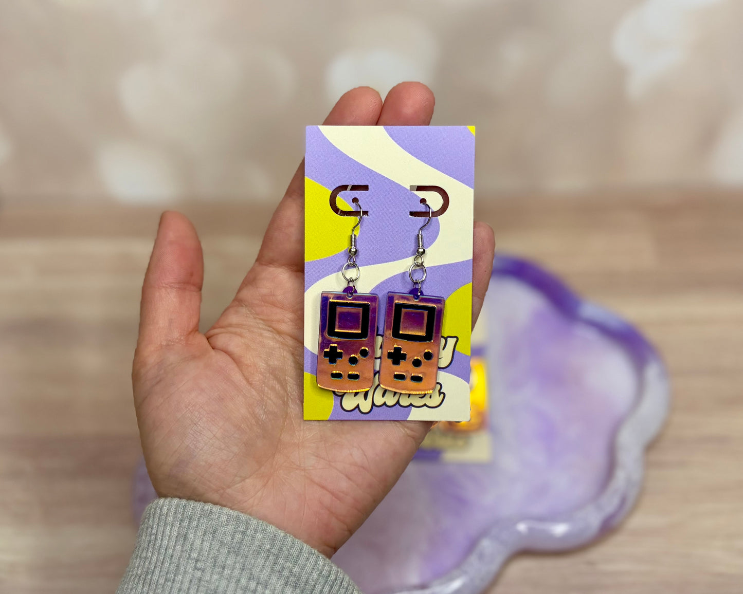 Iridescent Purple Handheld Game Dangles - Acrylic Earrings