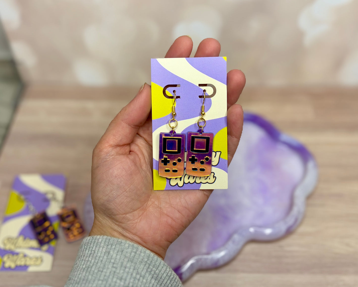 Iridescent Purple Handheld Game Dangles - Acrylic Earrings