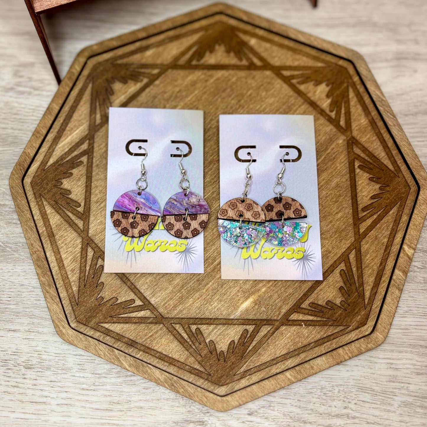 Engraved Flowers & Acrylic Double Dangles - Natural Wood & Acrylic Earrings