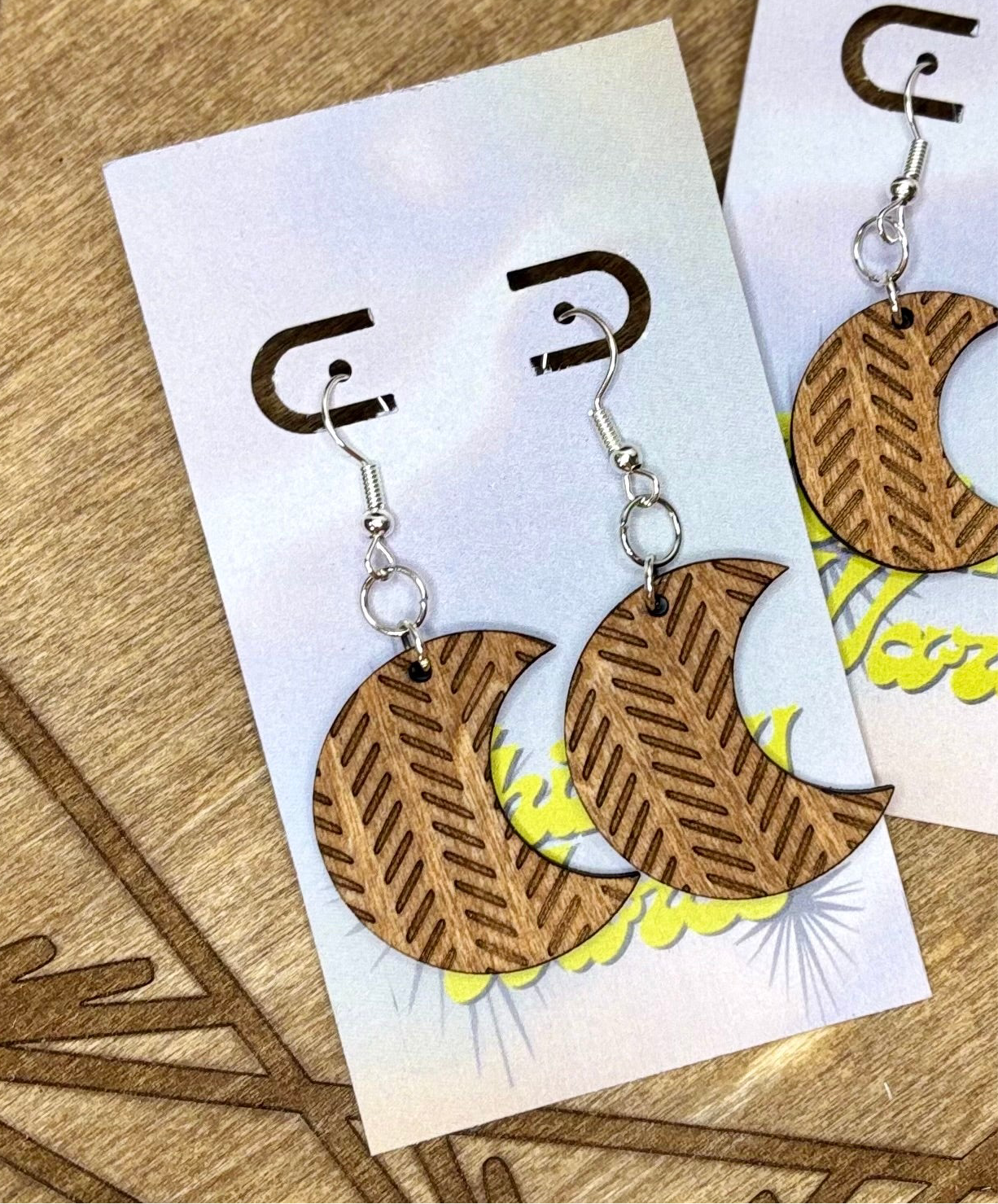 Herringbone Engraved Moons - Natural Wood Earrings