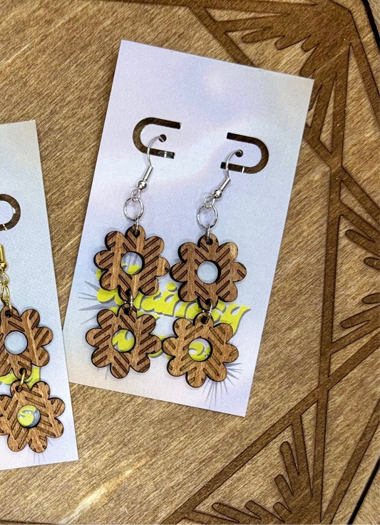 Herringbone Engraved Flower Double Dangles - Natural Wood Earrings