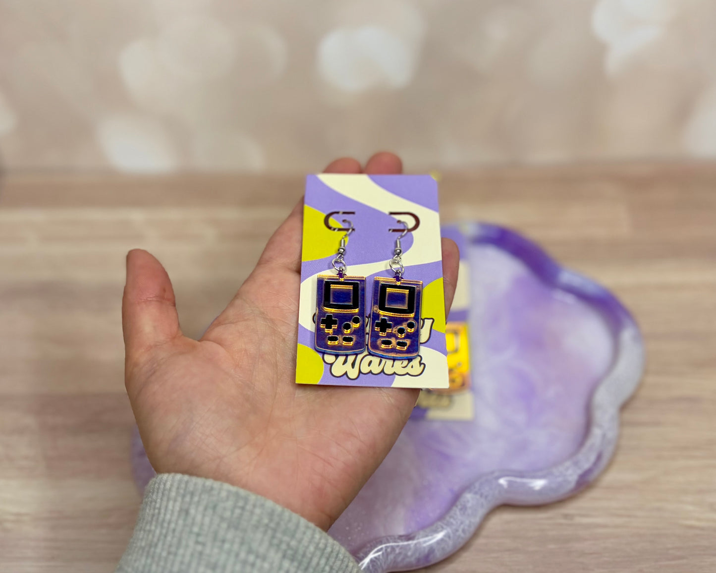 Iridescent Purple Handheld Game Dangles - Acrylic Earrings