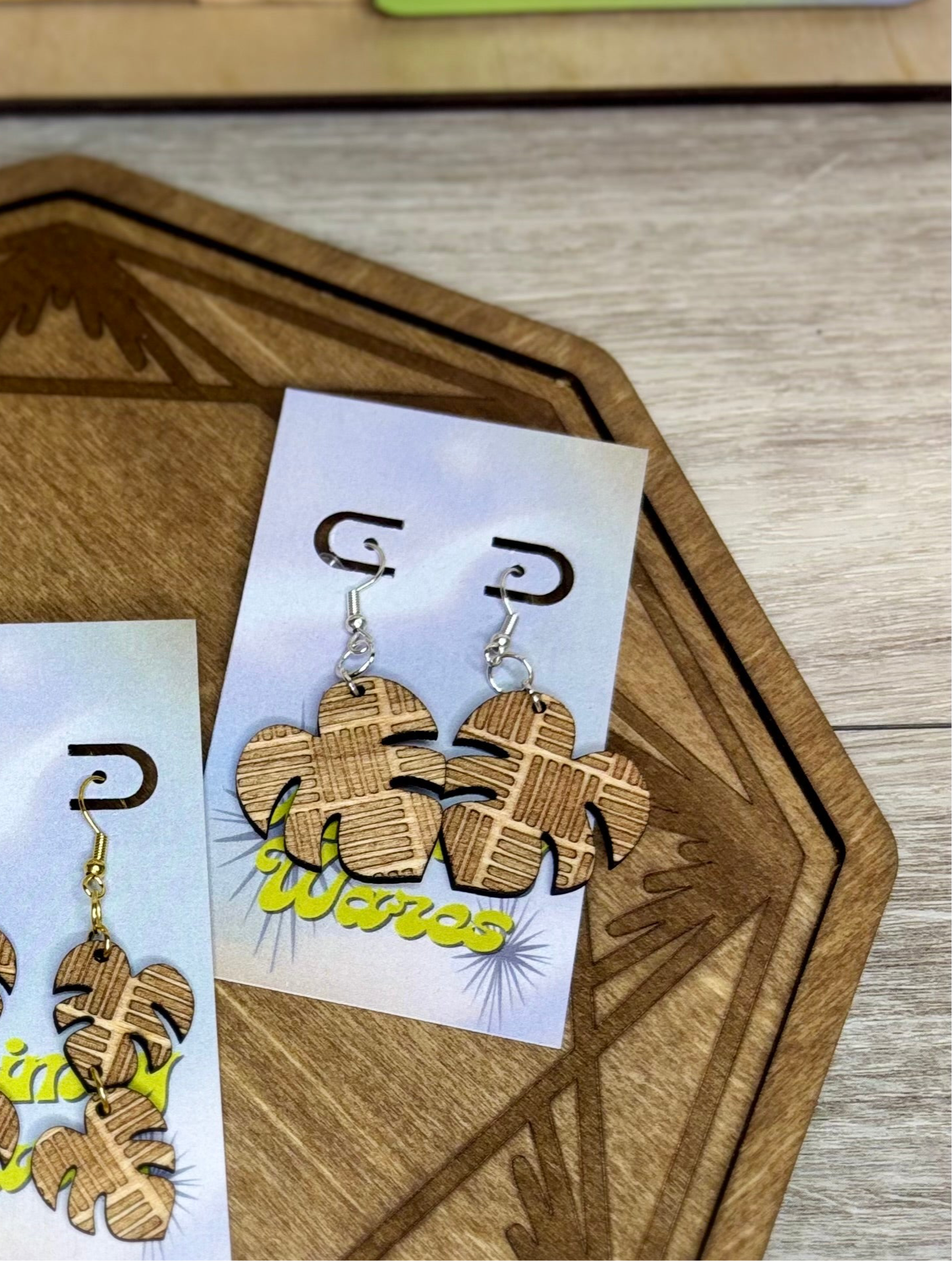 Engraved Chunky Lines Monstera Leaves  - Natural Wood Earrings
