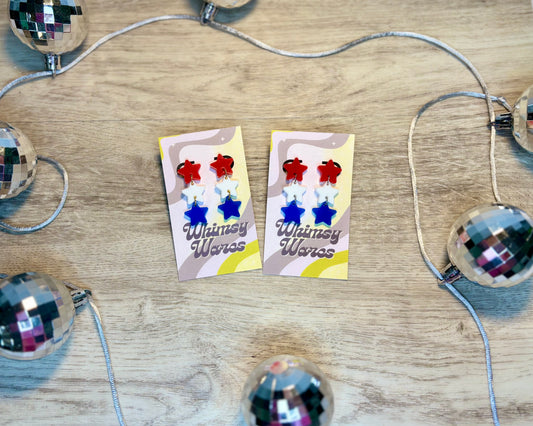 Red, White, & Blue Triple Star Drop Dangles - Acrylic Earrings