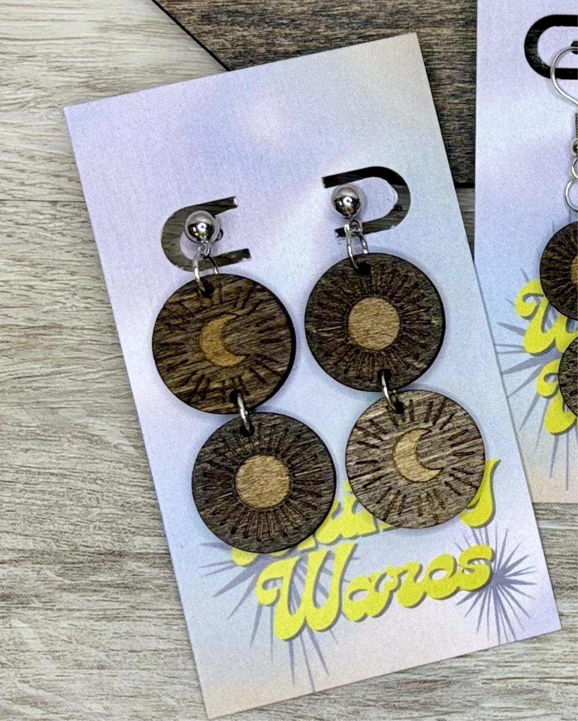 Engraved Sun & Moon - Natural Wood Earrings