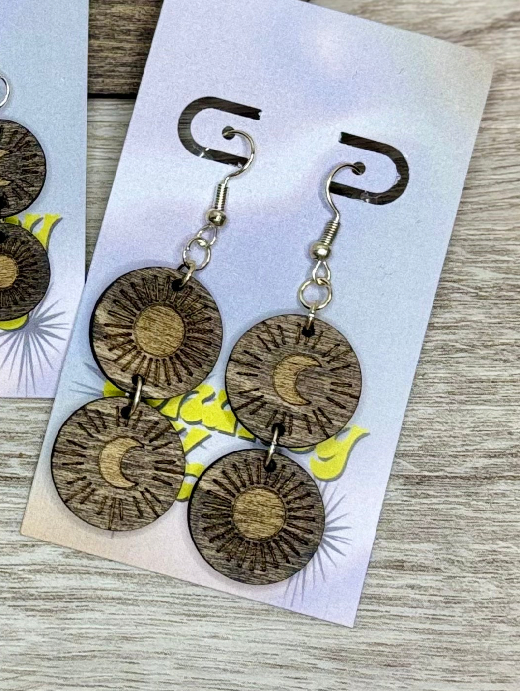 Engraved Sun & Moon - Natural Wood Earrings