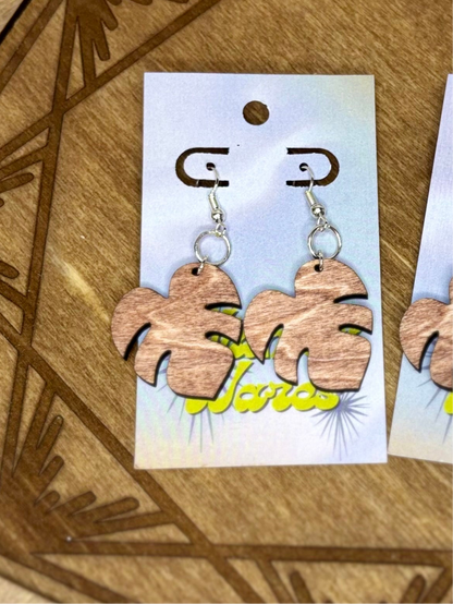 Monstera Leaf Dangles - Natural Wood Earrings