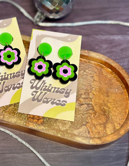 Green & Black - Flower Power Drop Dangles - Acrylic Earrings