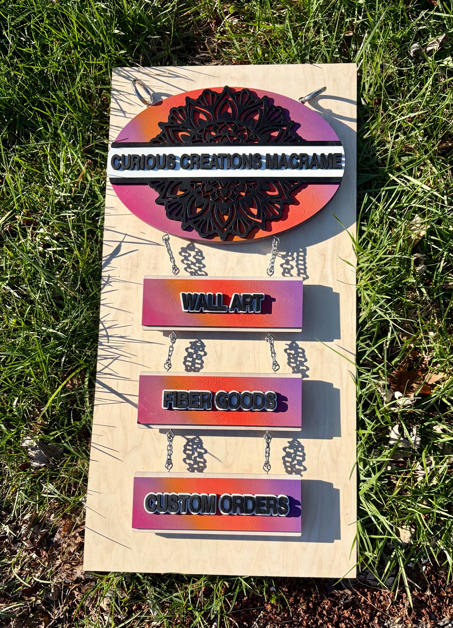 “Curious Creations Macrame” Custom Hanging Sign - Vendor Sign