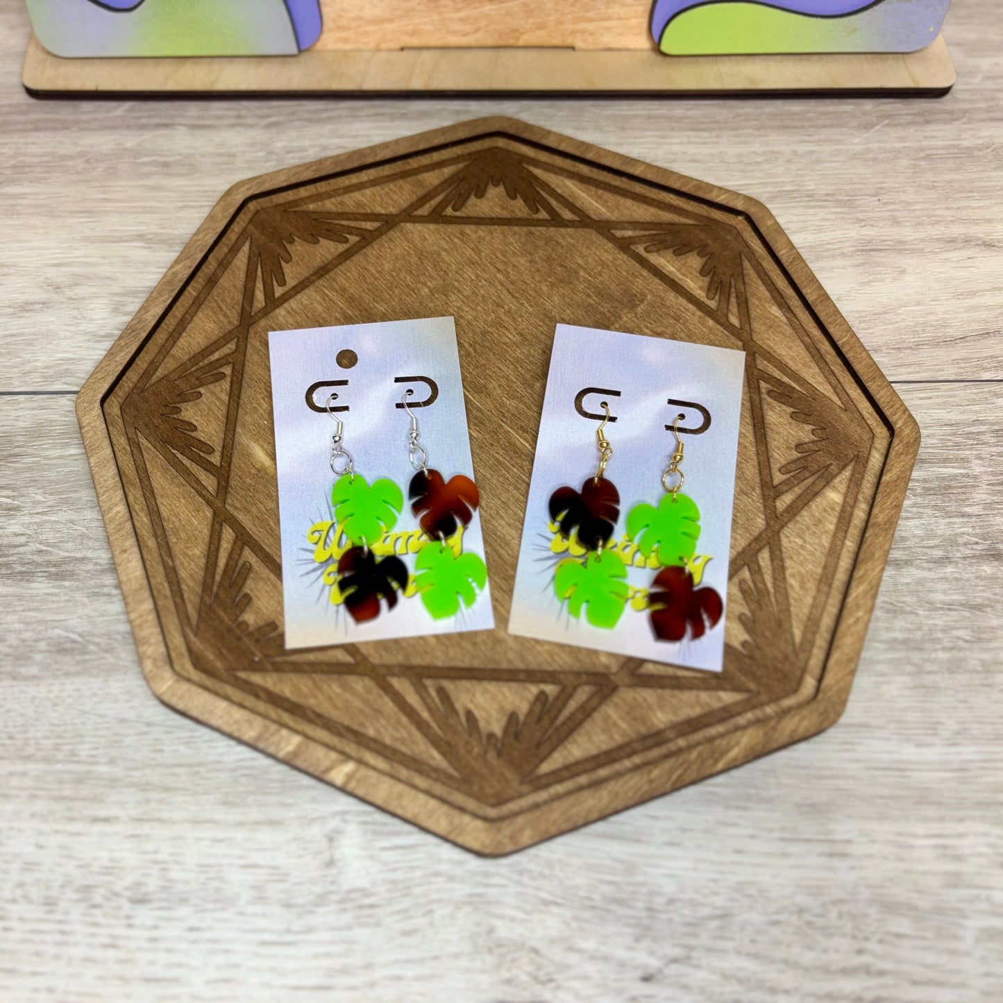 Tortoise Shell Monstera Double Dangles - Acrylic Earrings