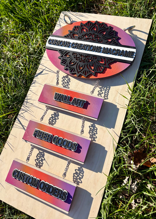 “Curious Creations Macrame” Custom Hanging Sign - Vendor Sign