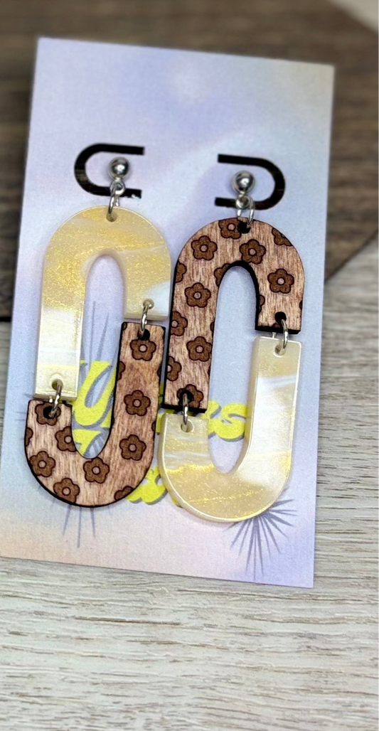 Engraved Flower & Amber Luxe Double Dangles - Natural Wood & Acrylic Earrings