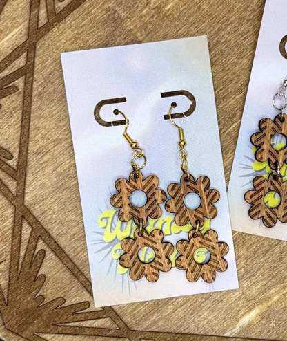 Herringbone Engraved Flower Double Dangles - Natural Wood Earrings