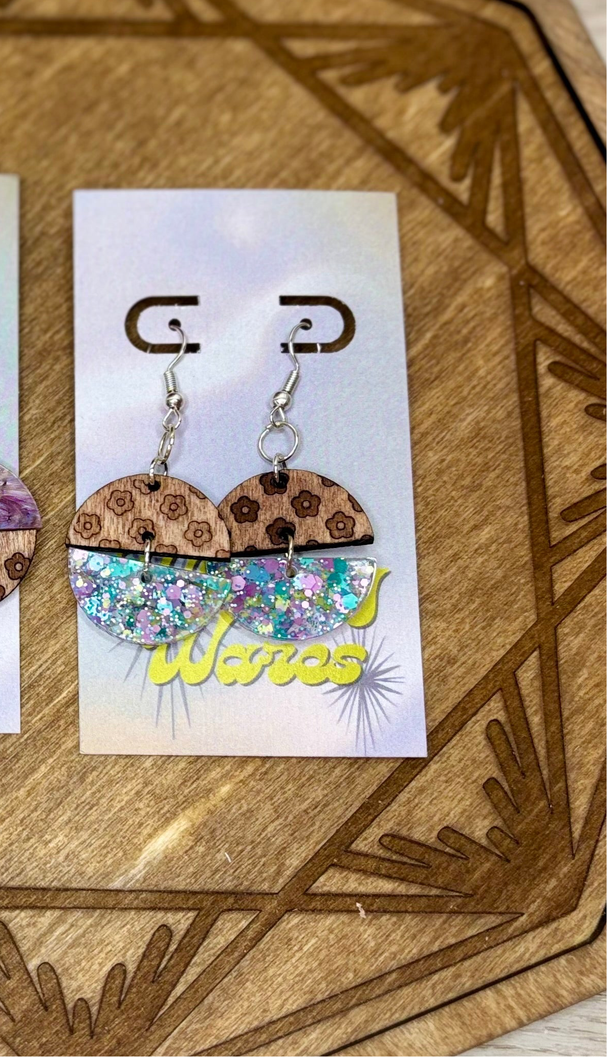 Engraved Flowers & Acrylic Double Dangles - Natural Wood & Acrylic Earrings