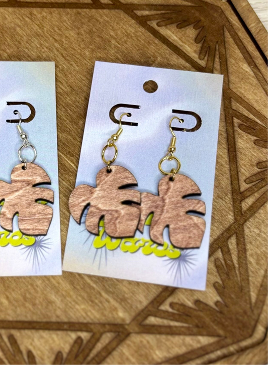 Monstera Leaf Dangles - Natural Wood Earrings