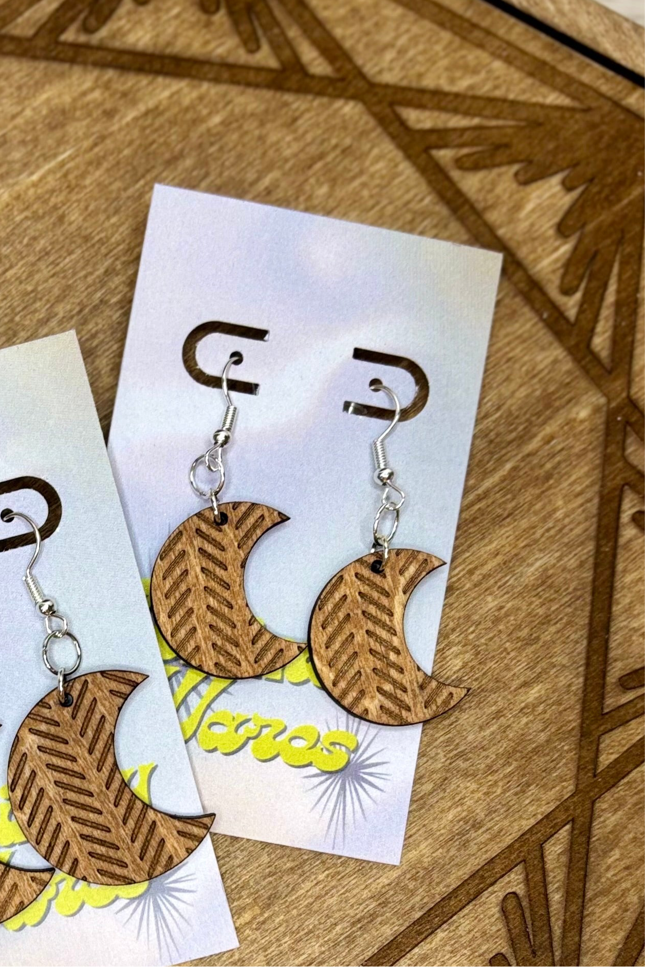 Herringbone Engraved Moons - Natural Wood Earrings
